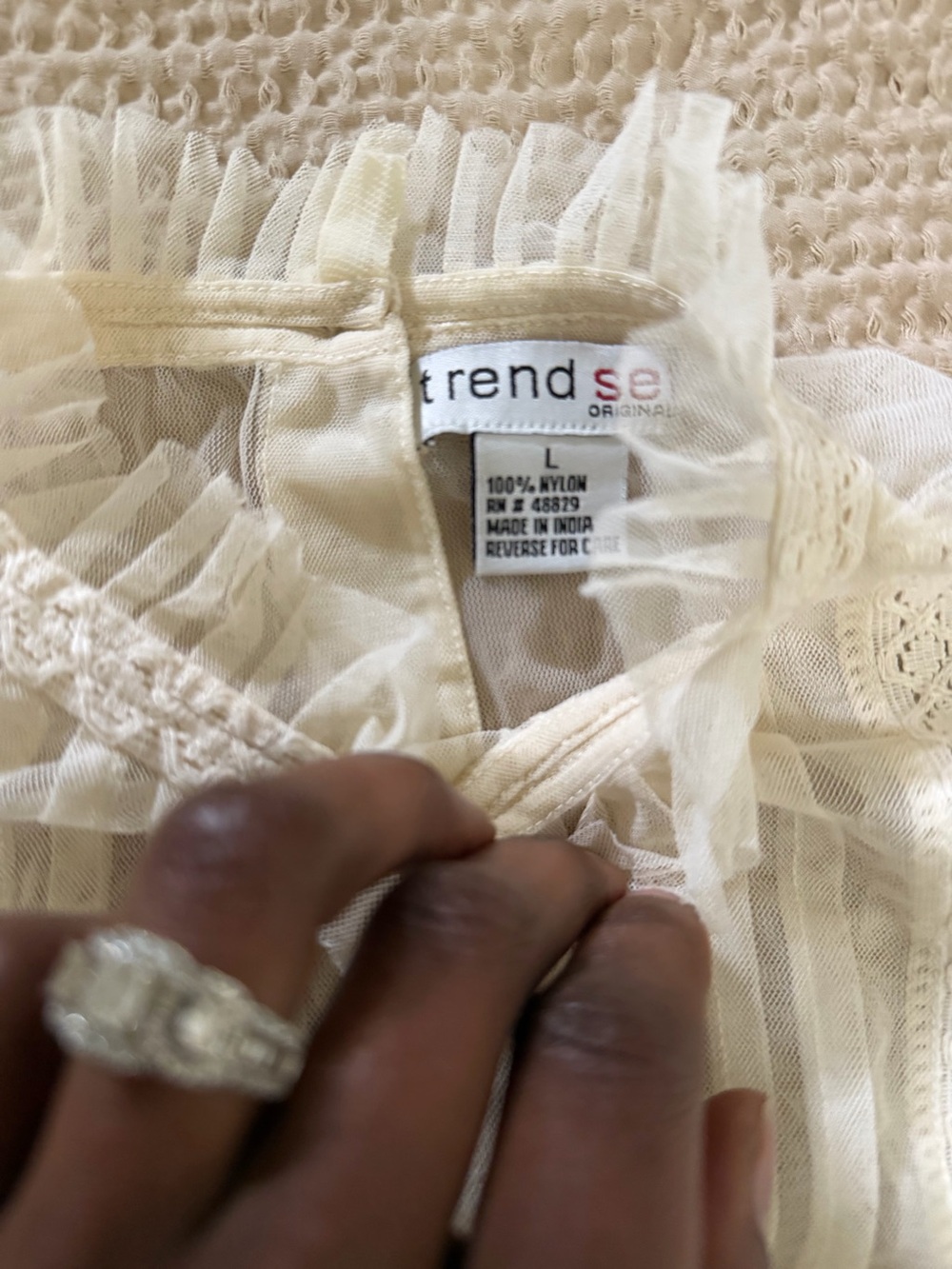 Trend Setter Diva Boutique White Sheer Ruffle Mock-Neck Blouse - Picture 6 of 6